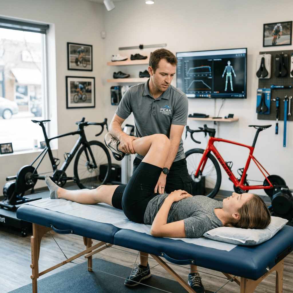 Bike fitter testing hip flexibility