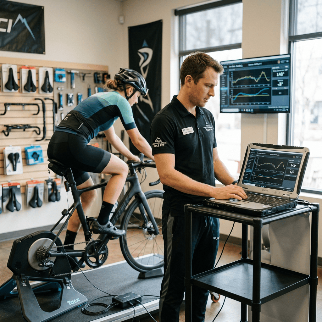 Bike fitter with laptop recording measurements