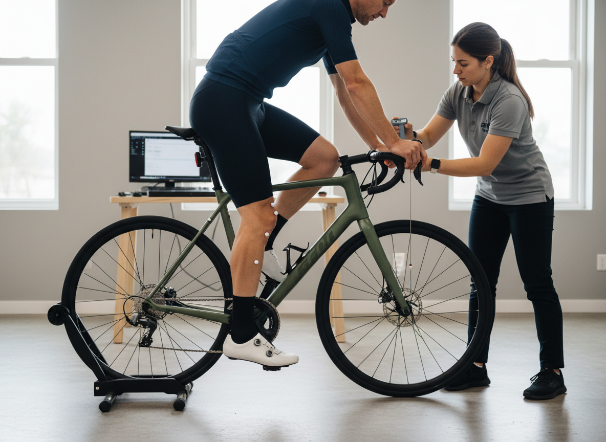 A professional cyclist being fitted on a road bike in a clean bike fitting studio